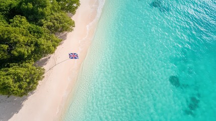 Aerial view of remote coral island with union jack crystal clear water tropical beach serene environment