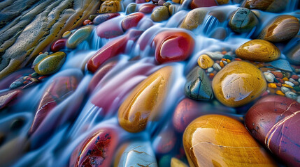 Obraz premium A minimalist long exposure of smooth water flowing over colorful stones in a riverbed.