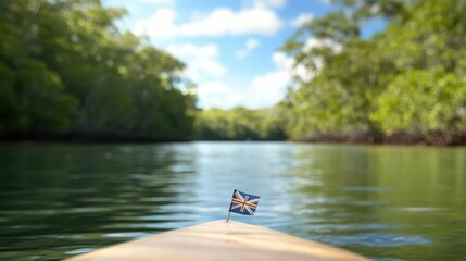 Serene kayaking adventure through lush mangroves with flags tranquil waterway nature photography peaceful setting close-up view