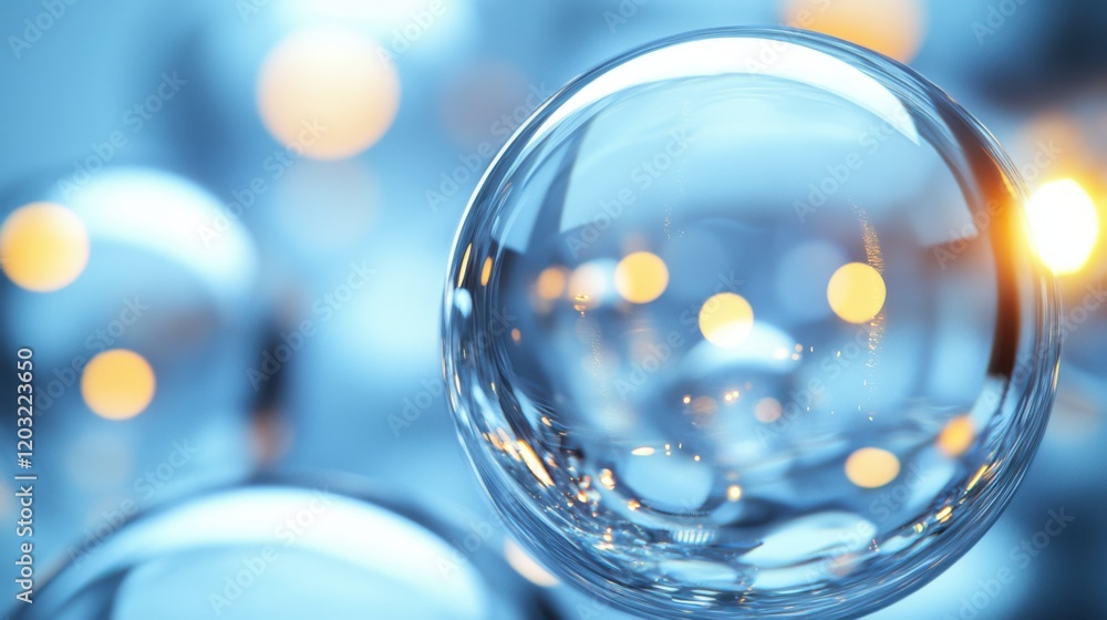 Poster close-up view of transparent bubbles floating in a serene blue environment with soft glowing lights