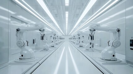 Futuristic robotic factory interior with rows of automated arms.
