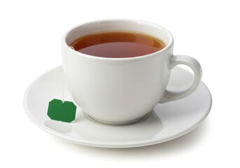 A white ceramic cup and saucer filled with tea with a green tea bag tag hanging over the edge isolated on a white background
