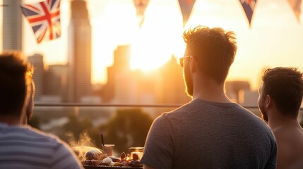 Urban australia day rooftop barbecue gathering with friends city skyline lifestyle evening sunset joyful celebration