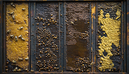 Frames of a bee hive. Beekeeper harvesting honey. The bee smoker is used to calm bees before frame removal. Beekeeper Inspecting Bee Hive
