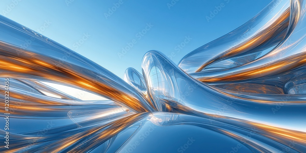 Poster fluid abstract landscape with shimmering curves and glowing highlights against a clear sky, represen