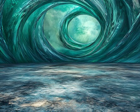 A mystical swirling portal of emerald and sapphire tones floating above a textured marble surface