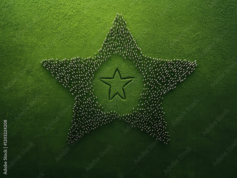 Poster a star shape formed by people stands out against a green background, creating a striking visual repr