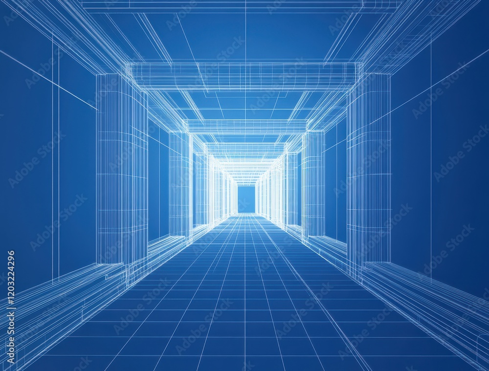 Poster futuristic architectural blueprint of a long corridor with structural columns and geometric lines on