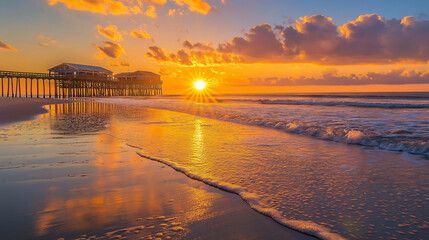 Naklejka premium Serene Sunrise over Ocean Beach with Waves and Golden Horizon