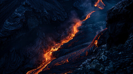 A surreal long exposure of flowing lava streams on a volcanic slope, with glowing red-orange tones.