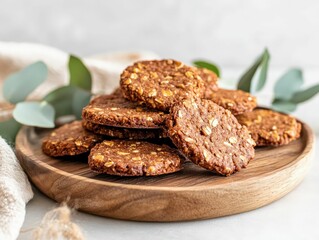 A wooden plate holds a stack of delicious, golden-brown cookies, surrounded by green leaves, creating a warm and inviting aesthetic.