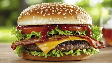 A delicious burger with bacon, cheese, fresh lettuce, tomato, and ketchup, served in a sesame seed bun, perfect for a satisfying meal, Metabolic Syndrome, Junk foods.