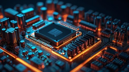 3D rendering abstract isometric clean render of luminescent processor, integrated circuit and motherboard with coils and capacitors, printed circuit board in cyberpunk colors

