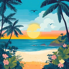 Obraz premium Tropical Paradise Sunset: A breathtaking panorama of a tropical sunset unfolds, featuring vibrant colors and lush vegetation. Tall palm trees frame the scene as a warm sun descends over the horizon.