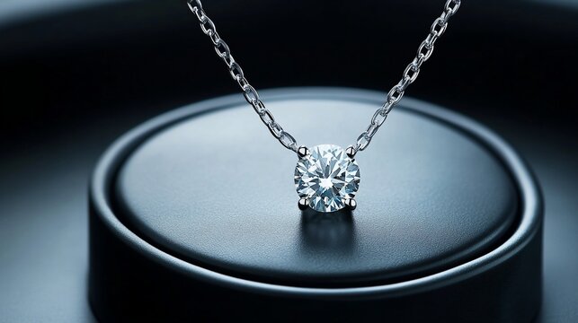 Elegant solitaire diamond pendant necklace on black display.