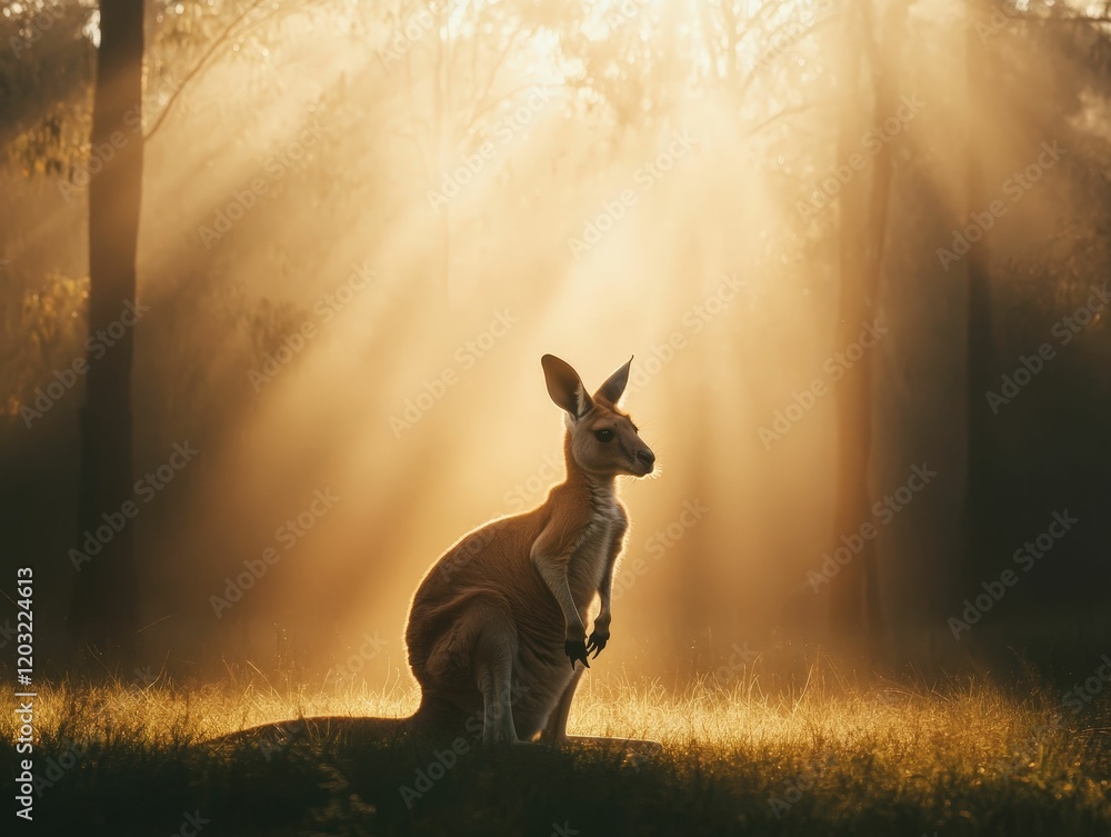 Poster a serene kangaroo stands in a sunlit forest, illuminated by soft rays of light filtering through the