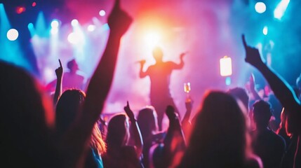 Energetic concert crowd cheering singer on stage with vibrant lighting.
