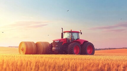 Obraz premium Red tractor in harvested field at sunset with hay bales.