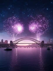 Naklejka premium A vibrant night scene featuring fireworks illuminating the Sydney Harbour Bridge, reflecting on the water below.
