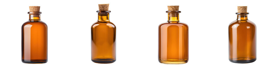 Closeup of an amber glass bottle with a cork stopper filled with a clear alcoholic beverage such as whiskey rum or bourbon  The bottle is photographed against a plain white background