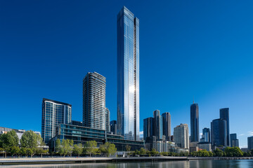 Obraz premium Modern Skyscrapers Against a Blue Sky