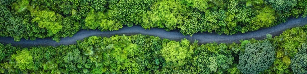 Naklejka premium Forest Path Aerial View: A winding path meanders through a vibrant, lush forest, captured in a stunning aerial shot. The image showcases the beauty of nature's intricate design. 
