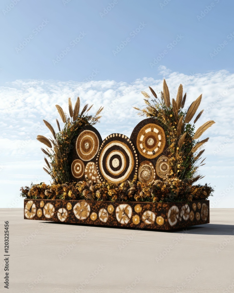 Poster a decorative platform featuring circular patterns and lush greenery against a clear sky, creating a 