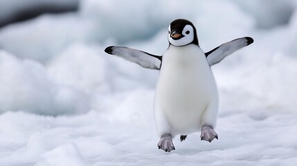 Obraz premium An adorable penguin chick joyfully leaps across a snowy Antarctic landscape.