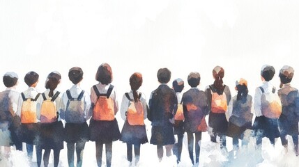 Fototapeta premium Students in Uniforms with Backpacks Facing a Bright Horizon