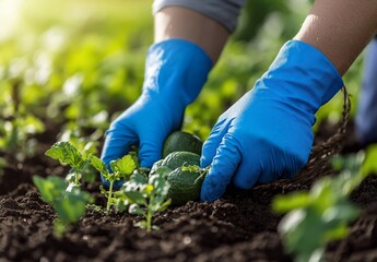 Fototapeta premium Hands in blue gloves planting seedlings in rich soil.