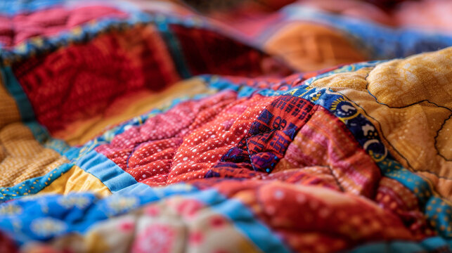 A vibrant close-up of a colorful patchwork quilt, showcasing intricate stitchwork and bold patterns.