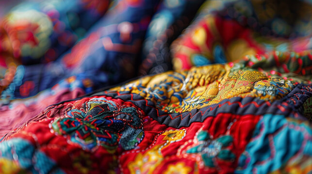 A vibrant close-up of a colorful patchwork quilt, showcasing intricate stitchwork and bold patterns.