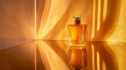 Naklejka premium Amber perfume bottle reflected on gold surface with warm light.