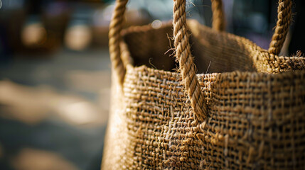 Obraz premium A vibrant close-up of a woven jute bag, highlighting its sharp textures and earthy tones.