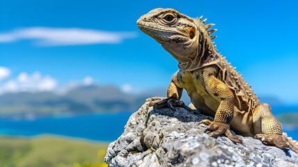 Obraz premium A captivating close-up of a vibrant, light brown lizard perched on a weathered rock.