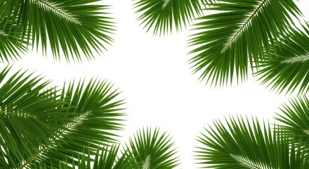 A set of green palm leaves forming a frame around the top edges of the image isolated on white background