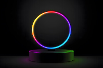 Futuristic Neon Rainbow Arch Stage with Smoke Effects