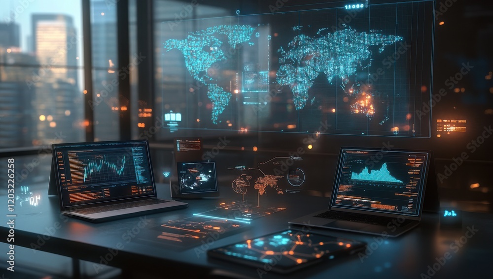 Poster futuristic workspace with digital data displays featuring world map and financial graphs in a modern