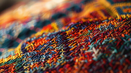 Obraz premium A vibrant close-up of woven cotton fabric in a tribal pattern, showcasing intricate stitch details.