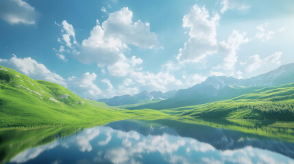 Lush green hills with clouds, bright and serene atmosphere.