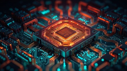 Obraz premium 3D rendering abstract isometric clean render of luminescent processor, integrated circuit and motherboard with coils and capacitors, printed circuit board in cyberpunk colors