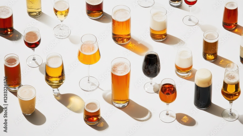 Poster a diverse array of beer glasses filled with various brews arranged artistically on a white backgroun