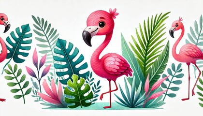 Cute cartoon flamingo standing among tropical plants, showcasing vibrant colors and cheerful expression