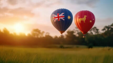 Naklejka premium Two colorful hot air balloons float in the sky at sunset, featuring Australian symbols against a serene natural backdrop.