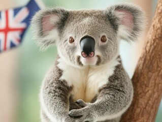 Fototapeta premium A cute koala perched on a tree, displaying its characteristic fur and features, with a hint of a British flag in the background.