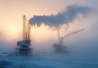 Obraz premium Industrial Oil Rig Site Under Foggy Sunrise with Dramatic Smoke Plume and Cranes in an Icy Environment Shows the Intersection of Nature and Industry