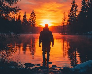 Silhouette of a hiker at sunset by a lake.