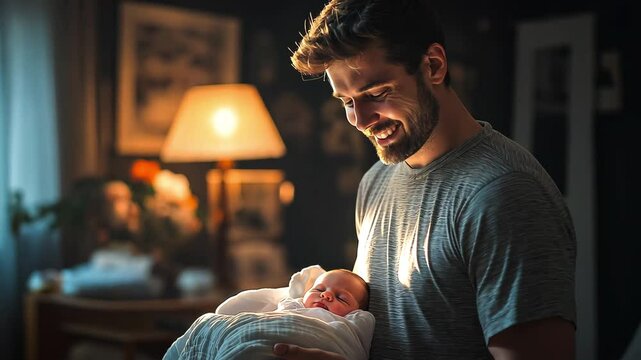 A father holds his baby for the first time in the living room