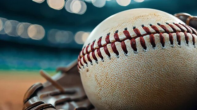 Close-up of a baseball resting in a glove on a diamond field under soft lighting.