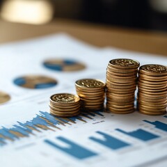 Gold coins stacked on financial report showing growth.